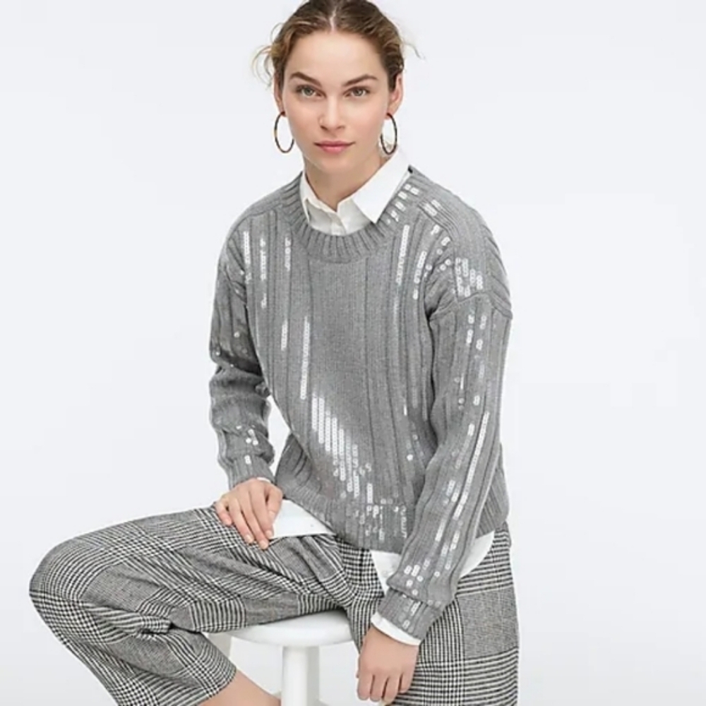 NWT J. Crew Squin-Striped Ribbed Crewneck Sweater